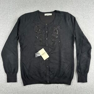 Melrose Chic Cardigan Womens Large Black‎ MC37083 Button Up Floral Embroidered L